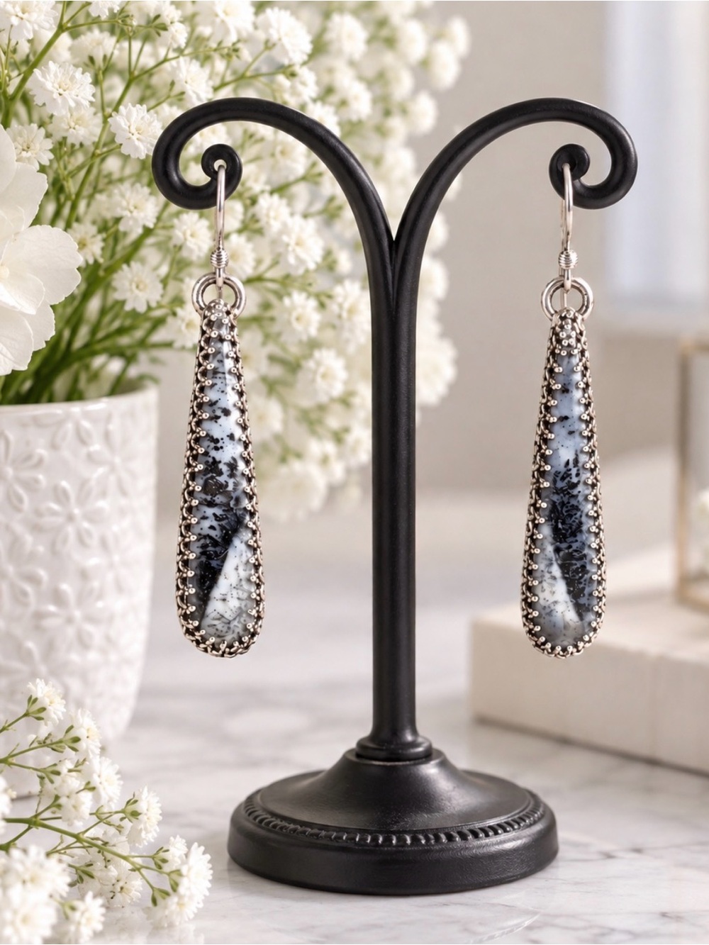Earrings Dendritic Chalcedony Agate Sterling Silver Vintage Stamped